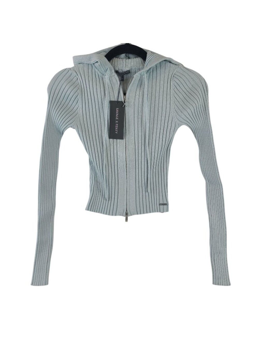 NEW Savage X Fenty Sz XS Ribbed Knit Zip-Up Hoodie Light Blue